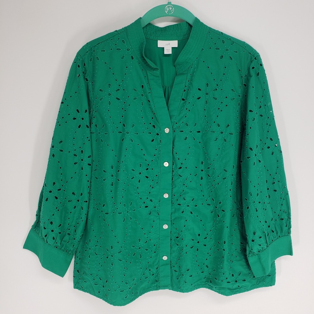 J Jill Eyelet Embroidered Button Down Shirt Women LP Green Cotton Top 3/4 Sleeve